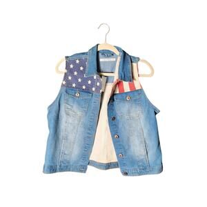 NWT Sunset Sky Sz M Americana American Flag Denim Longline Vest Button Up